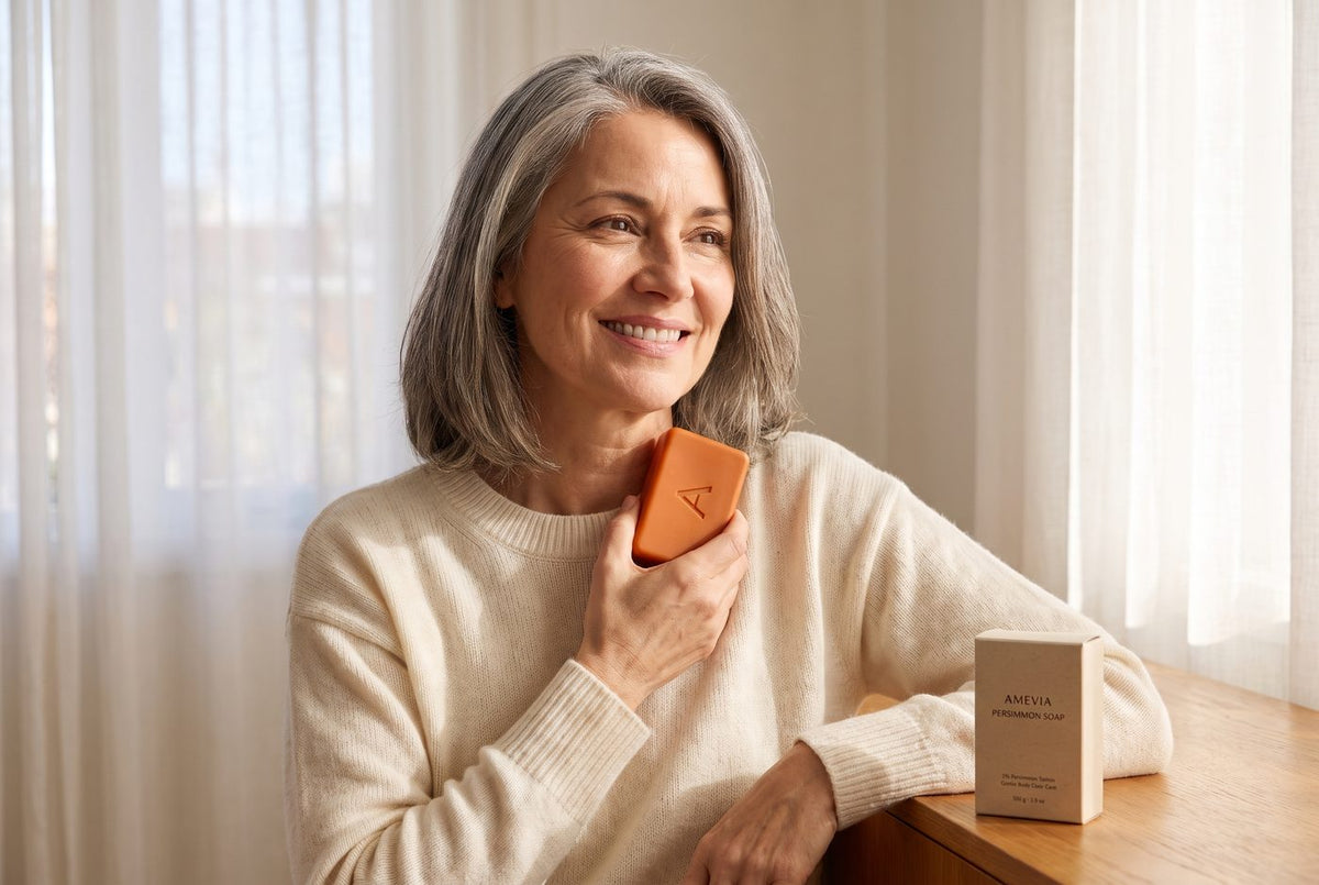 A smiling woman holding the Amevia Persimmon Soap bar