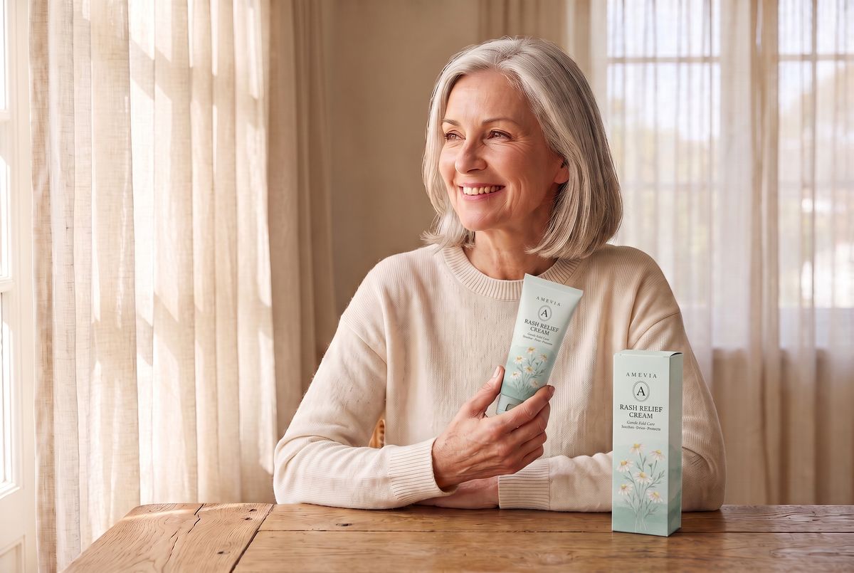 A smiling woman at home holding the Amevia cream tube, the box on the table beside her