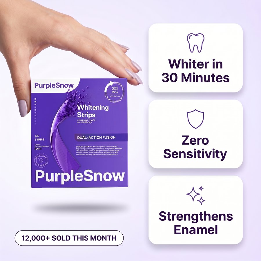 PurpleSnow Whitening Strips box in hand — 14 strips, whiter in 30 minutes, zero sensitivity, strengthens enamel