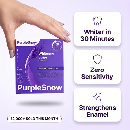 PurpleSnow Whitening Strips box in hand — 14 strips, whiter in 30 minutes, zero sensitivity, strengthens enamel