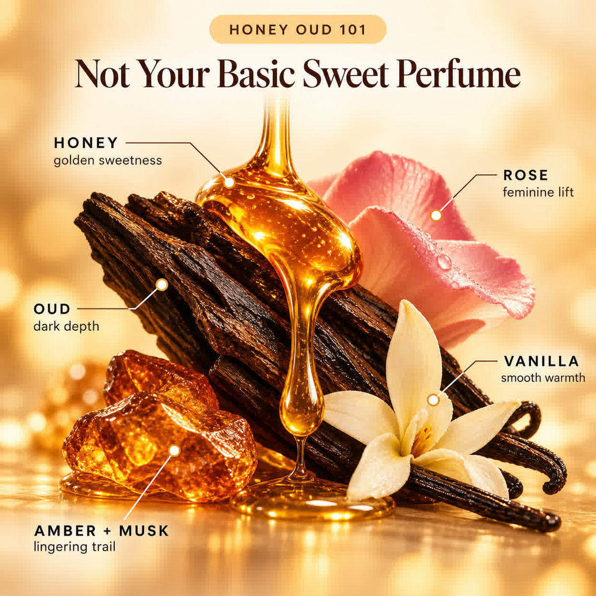 Honey, rose, oud, vanilla, amber and musk fragrance-note diagram