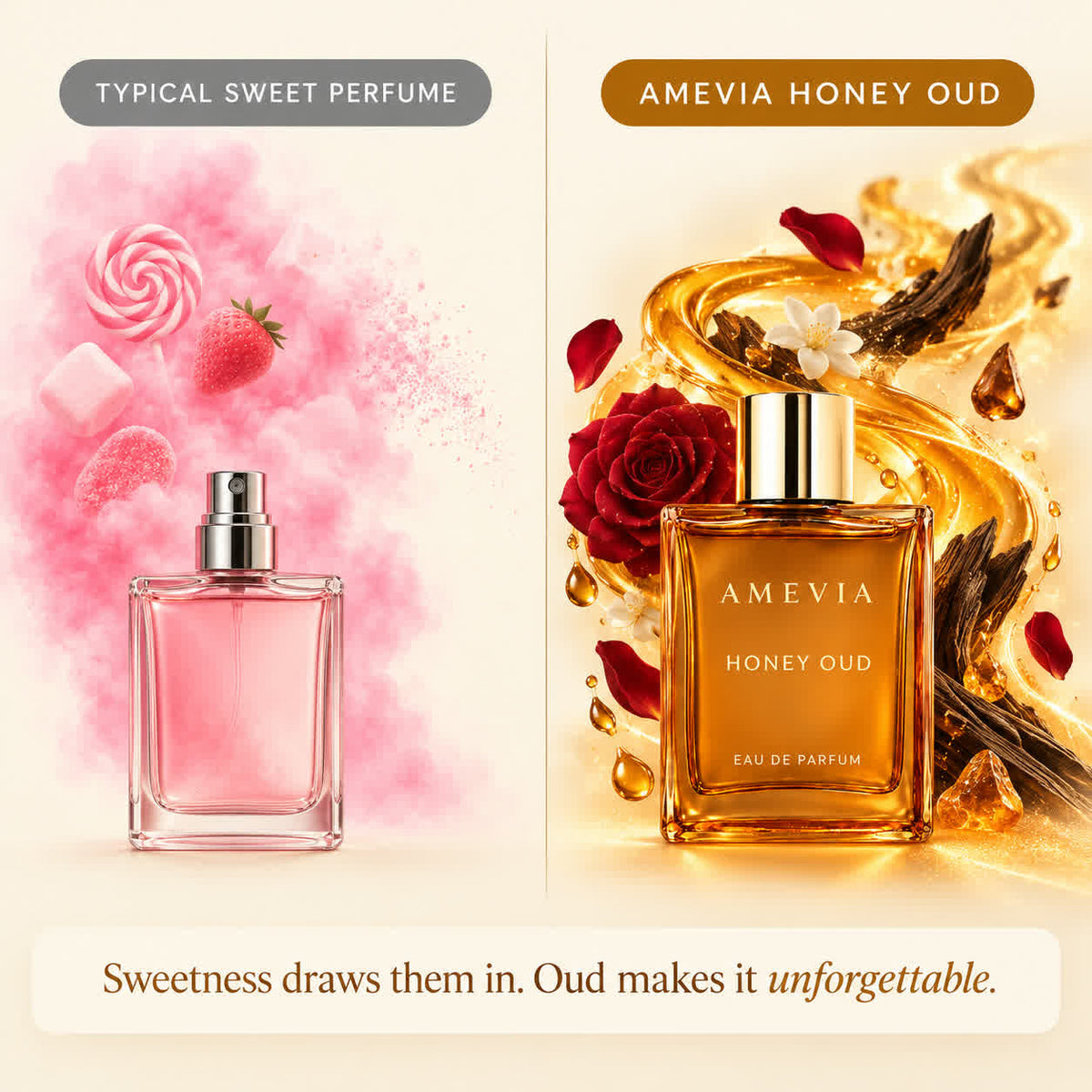 Typical sweet perfume compared with Amevia Honey Oud