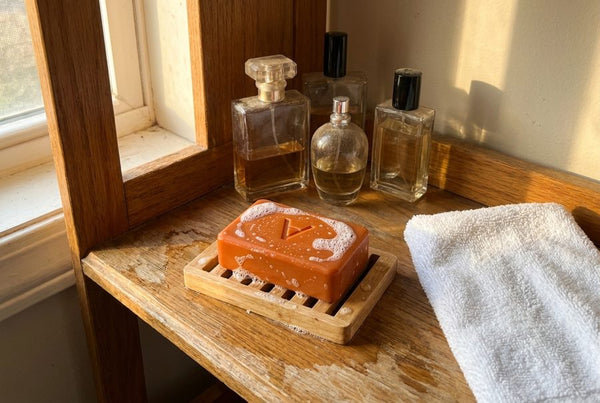 Perfume bottles pushed aside behind the Amevia persimmon bar in use
