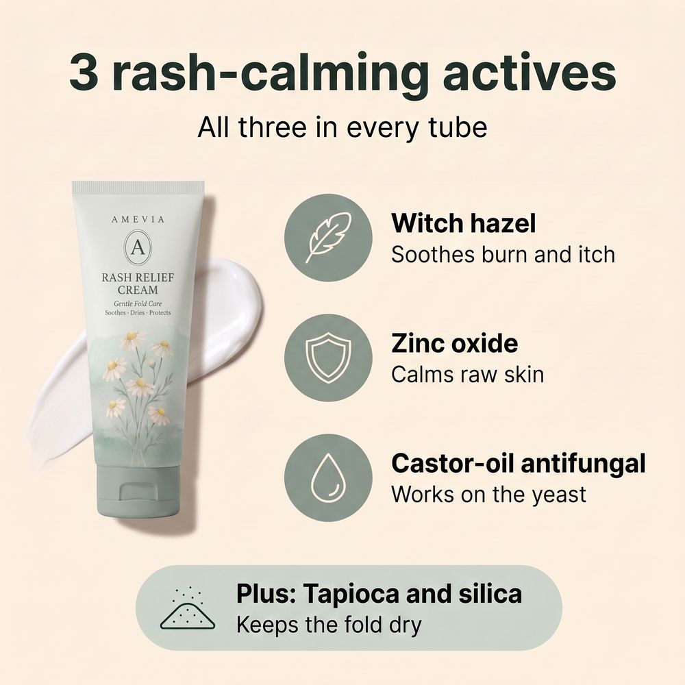 The three rash-calming actives in Amevia Rash Relief Cream: witch hazel, zinc oxide and a castor-oil antifungal, plus a tapioca and silica powder base.