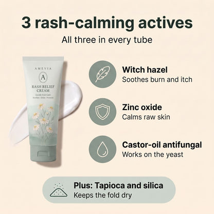 The three rash-calming actives in Amevia Rash Relief Cream: witch hazel, zinc oxide and a castor-oil antifungal, plus a tapioca and silica powder base.