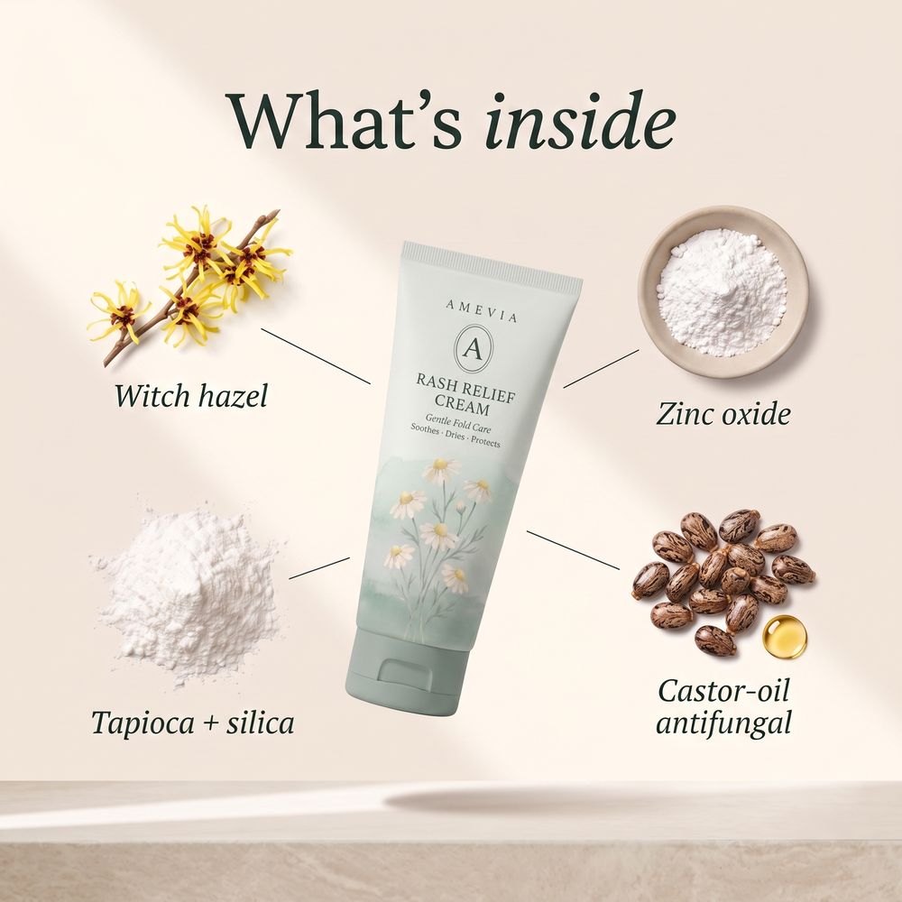 What is inside Amevia Rash Relief Cream: witch hazel, zinc oxide, a castor-oil antifungal and a tapioca and silica powder base.