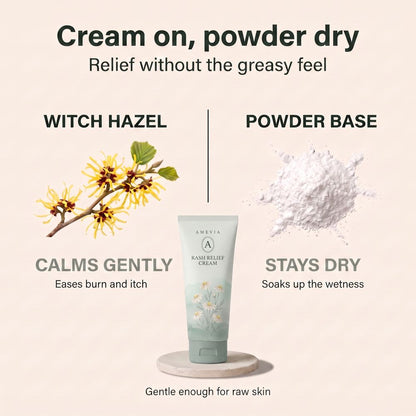 Cream on, powder dry: witch hazel calms gently and a soft powder base keeps the fold dry.