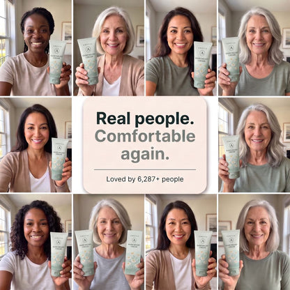Eight happy women customers, each holding their green tube of Amevia Rash Relief Cream.
