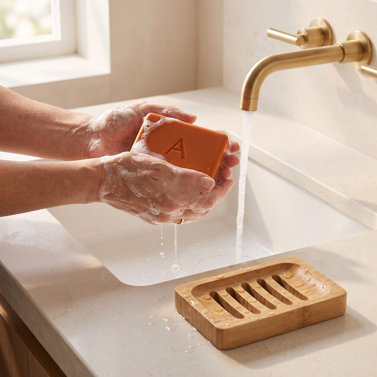 Washing hands with Amevia Persimmon Soap next to the bamboo soap dish