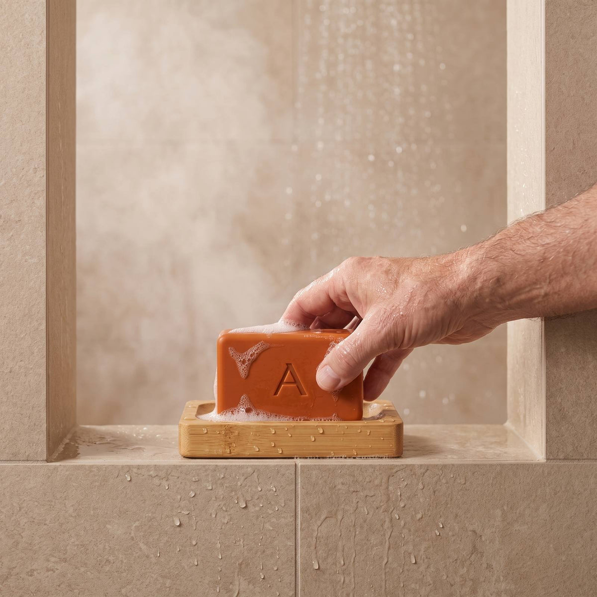Placing Amevia Persimmon Soap back on the bamboo soap dish in the shower