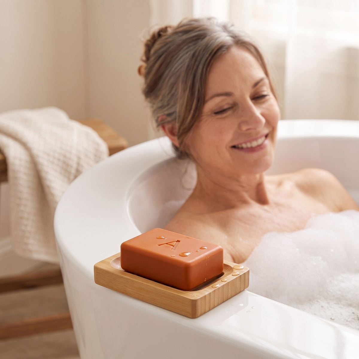 Bamboo soap dish with Amevia Persimmon Soap on the edge of a bath