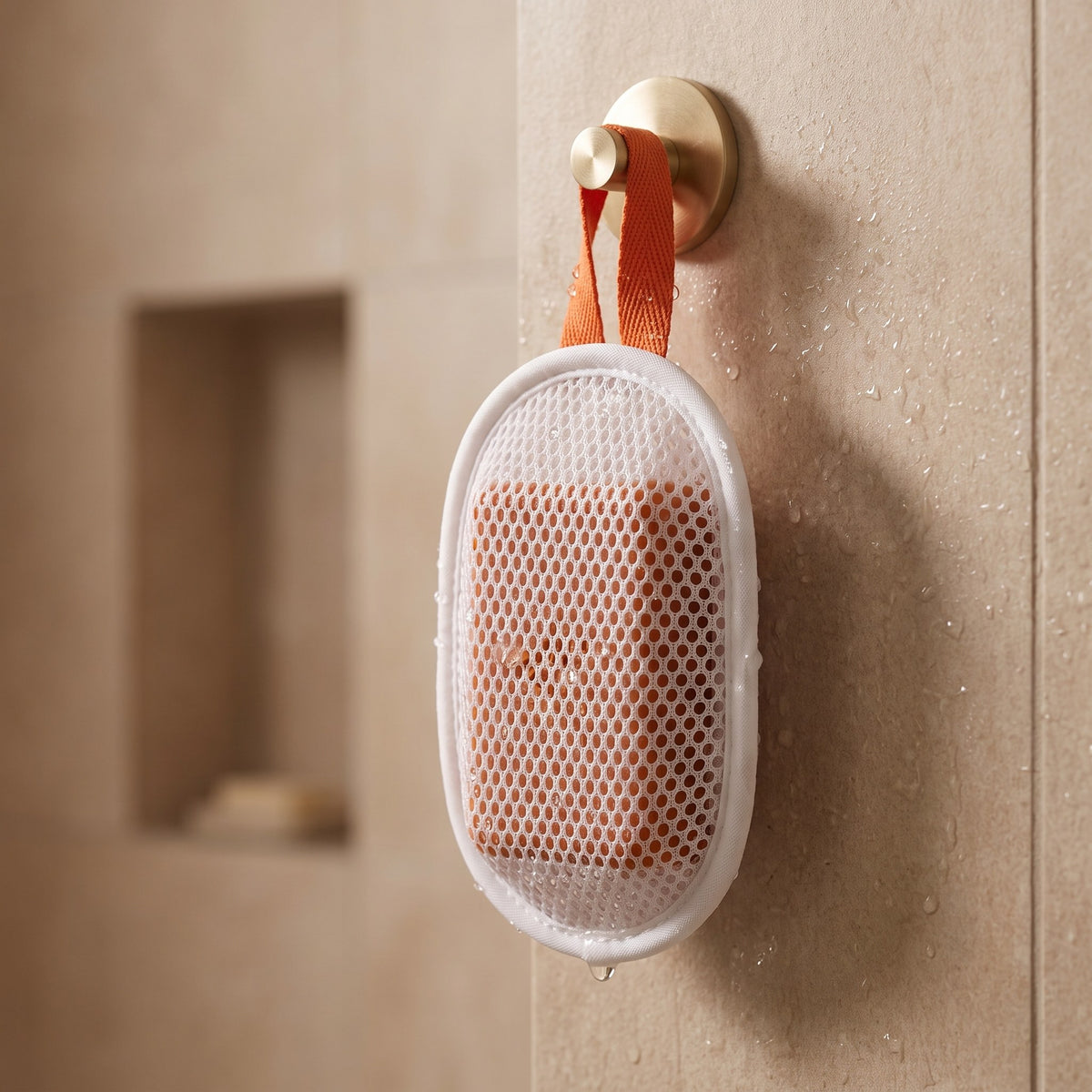 Amevia soap pouch hanging by its orange strap to dry in the shower